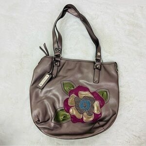 Relic Brown shiny embroidered floral Shoulder Bag